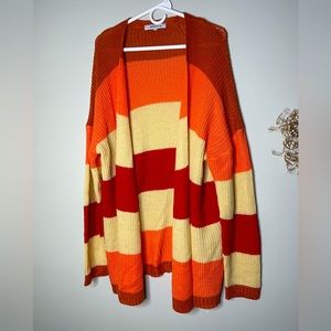 Beautiful long sweater, orange, red, & cream color block long cardigan Size L